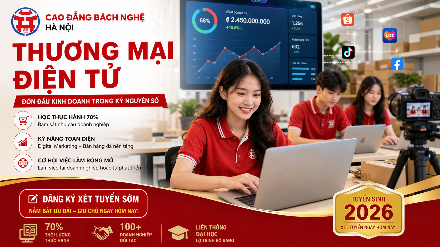 Sinh viên thực hành với laptop và máy ảnh - ngành Thương mại điện tử